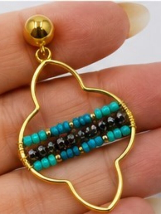 Jewelry - Vintage New Old Stock Gold Tone Beaded Quatrefoil Dangle Earrings Turquoise Hema